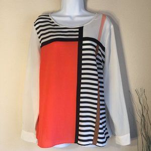 Worthington Color Block Blouse Women’s XL Long Sleeve Black Coral Striped